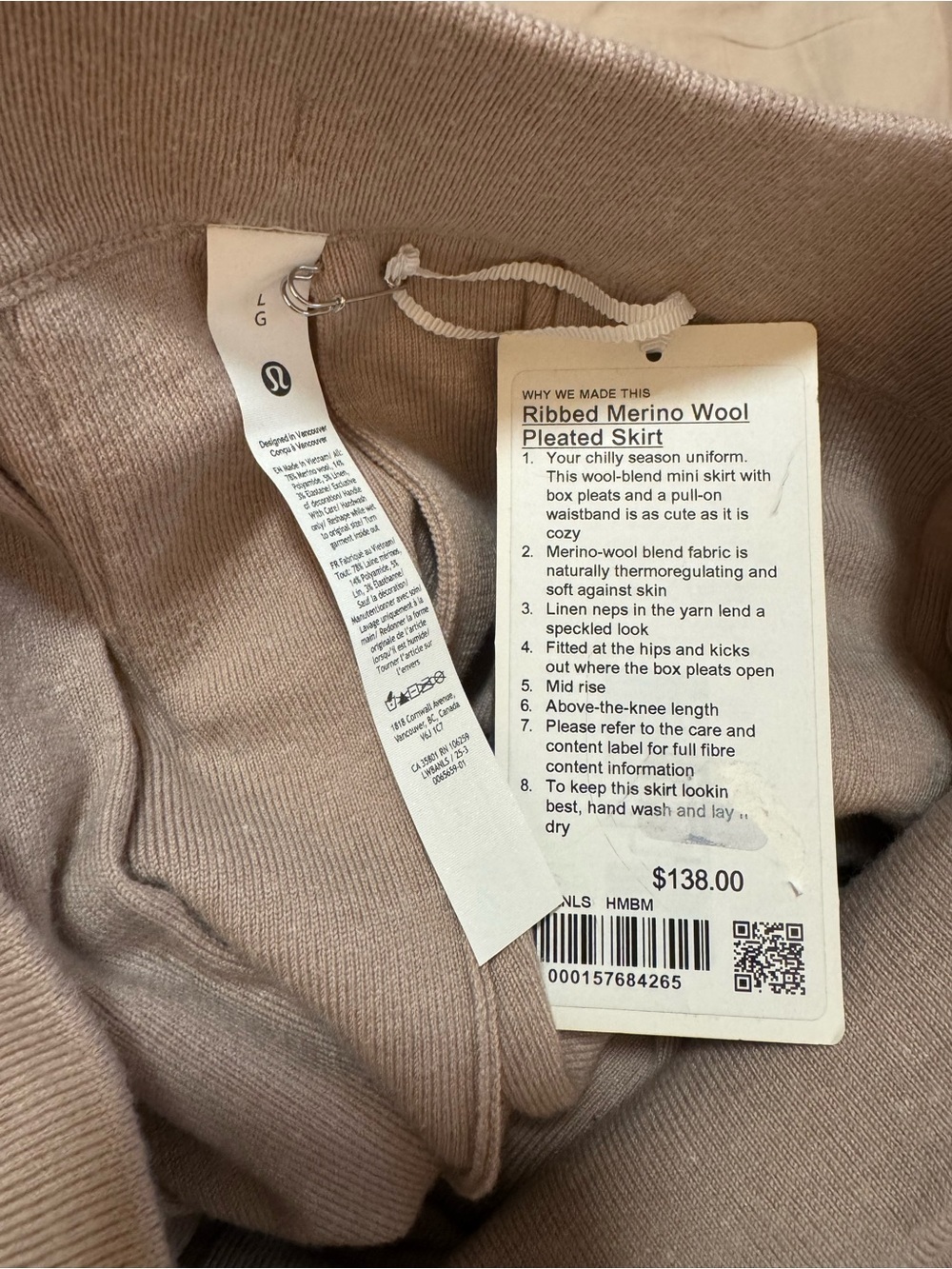 NWT Lululemon merino wool pleated skirt pink size L mauve beige blush tennis - Picture 5 of 6